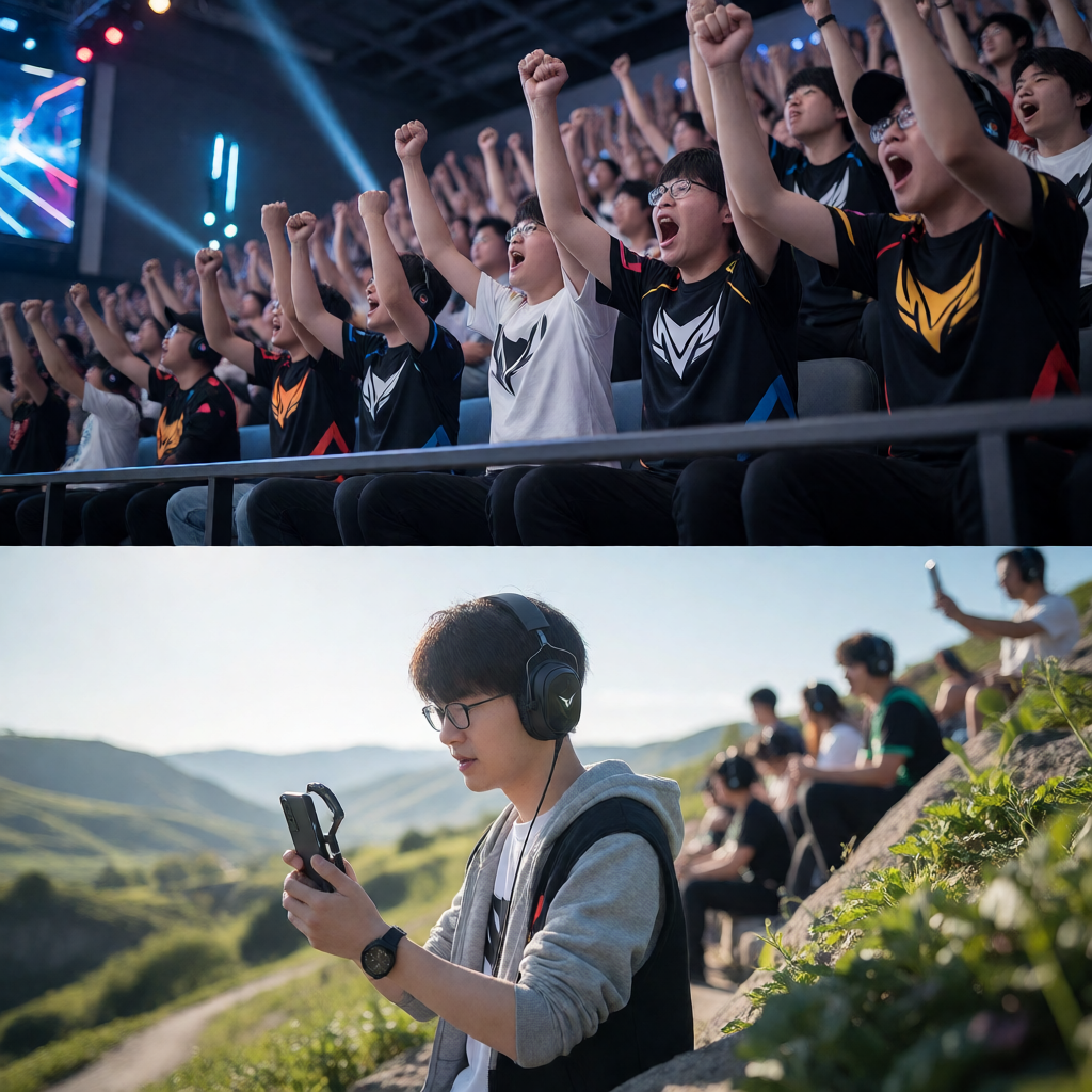 电竞赛事观众席，粉丝们为支持的战队欢呼呐喊